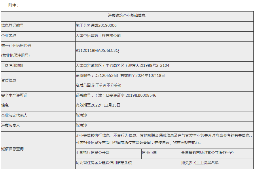 天津中伍建筑工程有限公司進(jìn)冀信息的公示